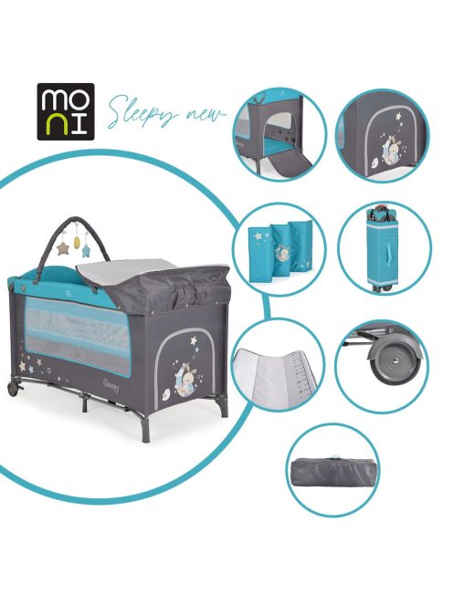 MONI Sleepy összecsukható luxus utazóágy 2 szint+pelenkázó+ játék türkiz