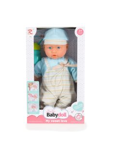   BABA 41 cm-es fiú baba, csíkos, kantáros nacis VKÉK/szürke