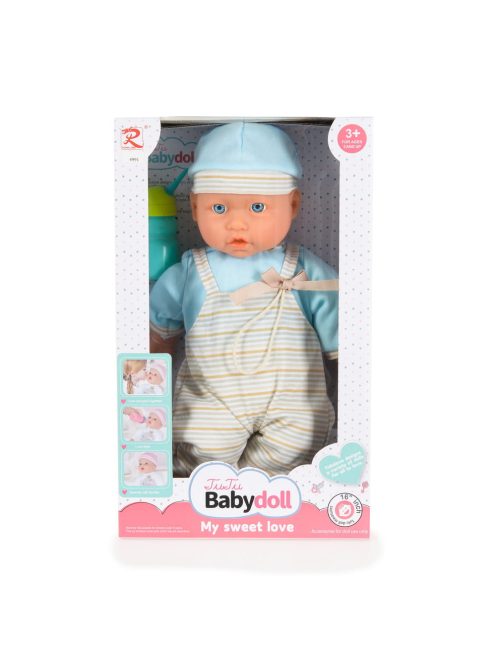 BABA 41 cm-es fiú baba, csíkos, kantáros nacis VKÉK/szürke