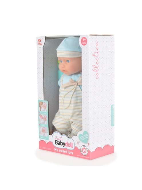 BABA 41 cm-es fiú baba, csíkos, kantáros nacis VKÉK/szürke