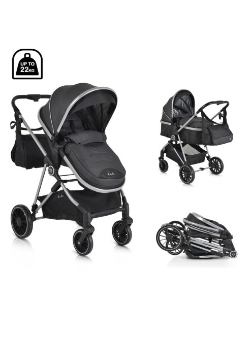 KALI babakocsi 2in1 lapra csukható, megfordítható+táska FEKETE