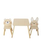 FAJÁTÉK MONI Asztal 2 székkel NATUR Nyuszis Macis