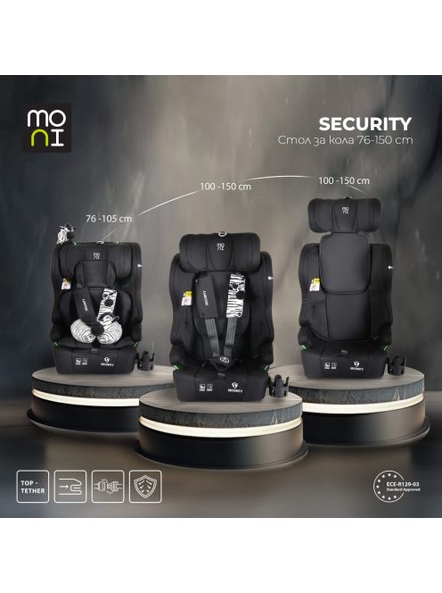 SECURITY autós ülés belső övvel, isofix, ajándék 2plüss+párna 76-150cm FEKETE