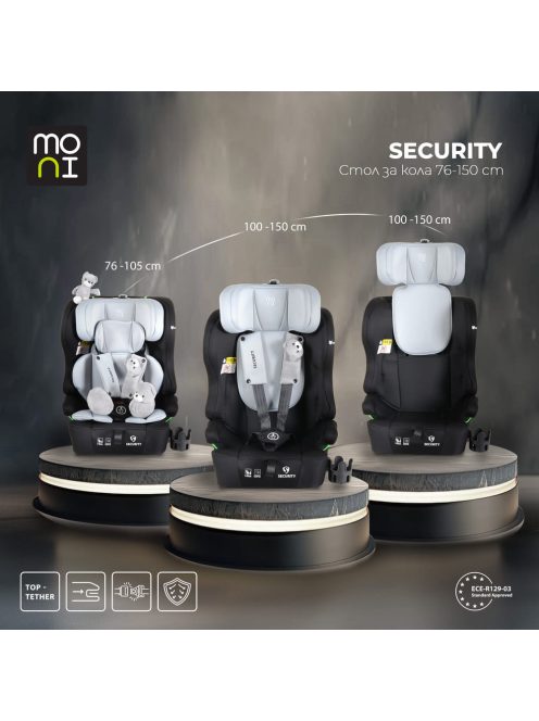 SECURITY autós ülés belső övvel, isofix, ajándék 2plüss+párna 76-150cm SZÜRKE