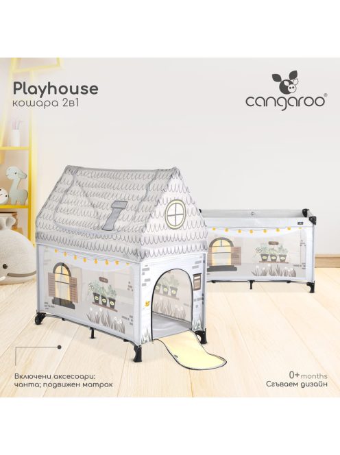 PLAYHOUSE összecsukható házikó utazóágy, tetővel, kibújóval SZÜRKE