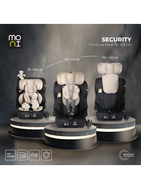 SECURITY autós ülés belső övvel, isofix, ajándék 2plüss+párna 76-150cm BÉZS
