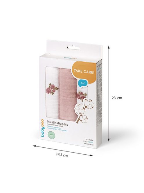 BabyOno textilpelenka színes 3db púderrózsaszín rózsamintás 348/13