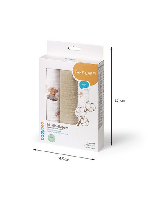 BabyOno textilpelenka színes 3db taupe macimintás 348/15